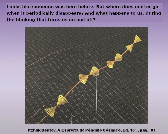 "Looks like someone was here before. But where does matter go when it periodically disappears? And what happens to us, during the blinking that turns us on and off?"